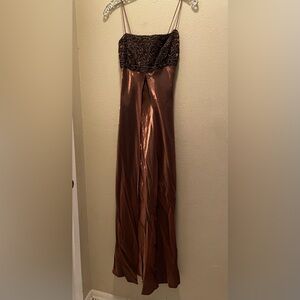 Y2K/ 90s Vintage Formal Satin Metallic Brown Slip dress beaded maxi Gown Size S